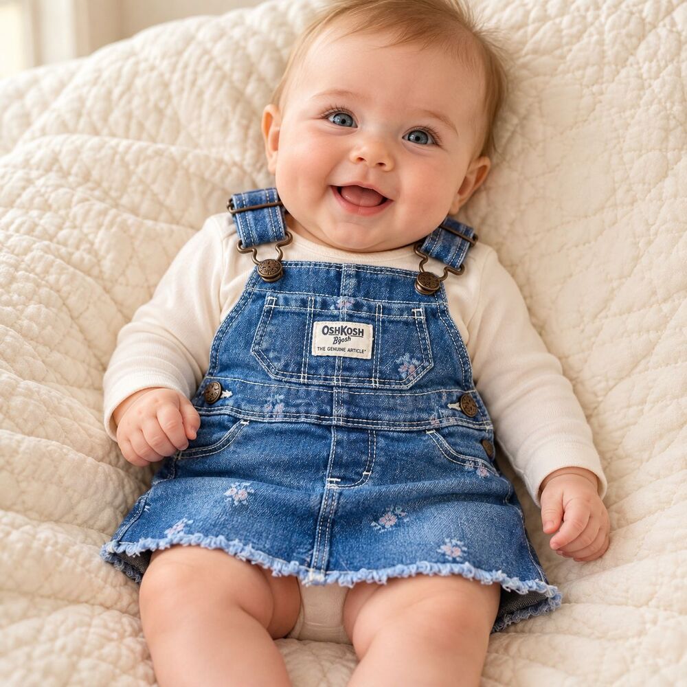 OshKosh B'gosh Baby Girls 3M Denim Vestbak Jumper Dress Floral Frayed Hem Cotton